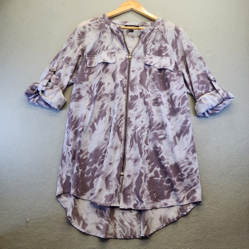 Rock & Republic Purple Marble Zip Front Tunic Blouse Roll Tab Sleeve Womens XL